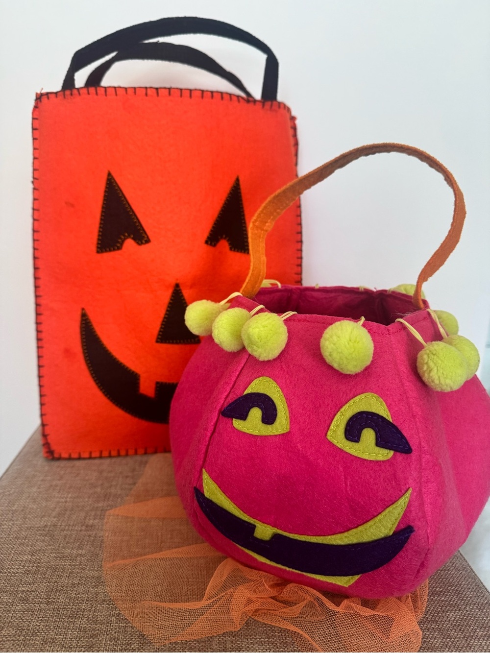 Kids Halloween Pumpkin Treat Bags - Pink & Orange Felt Set
